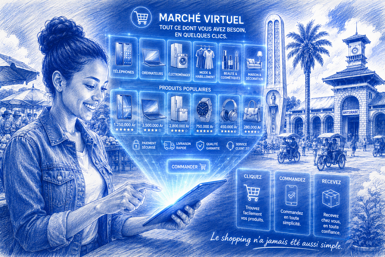 Marché virtuel multicatégorie accessible depuis une tablette