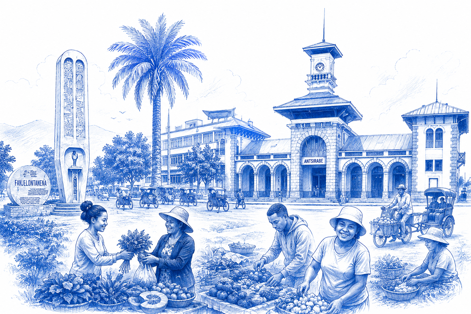 Illustration du marché et des symboles d’Antsirabe